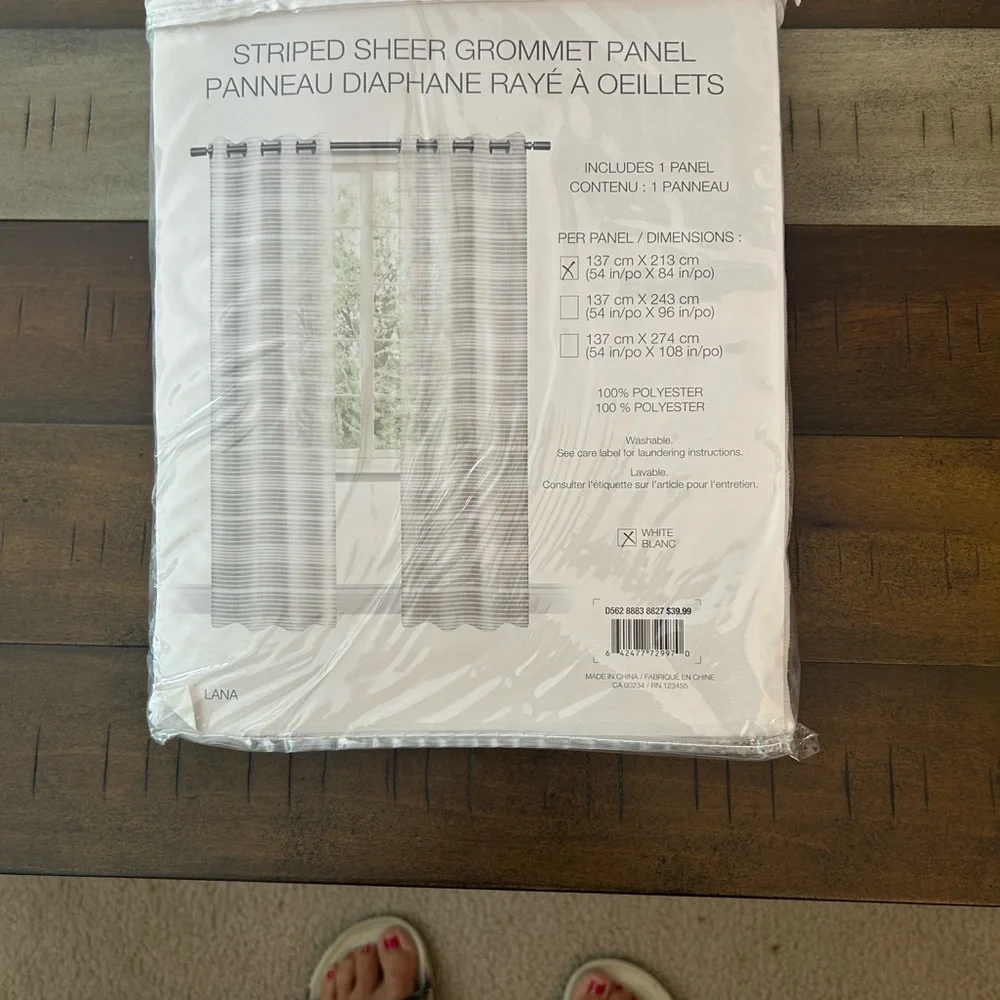 Distinctly Home Lana White Striped Sheer NWT Grey Grommet Panel Curtain 54Wx84L